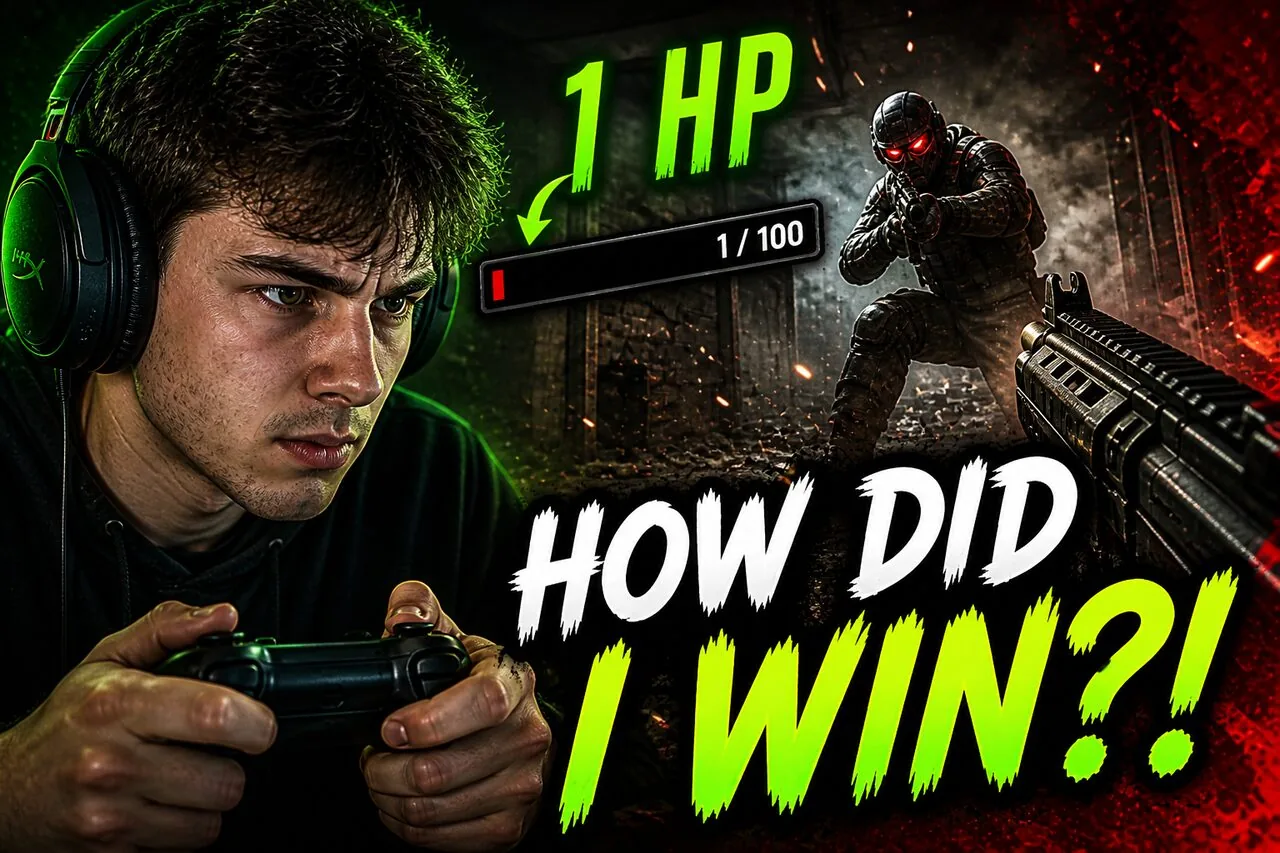 1 HP — How Did I Win?! — Gaming YouTube thumbnail (16:9) designed by Abdul Wassay