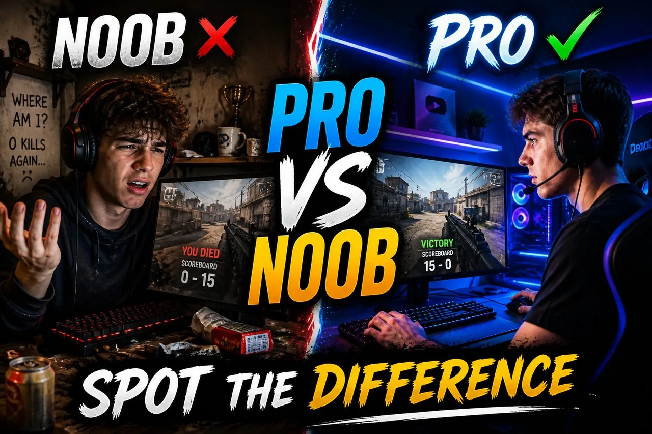 Pro vs Noob — Spot the Difference — Gaming YouTube thumbnail (16:9) designed by Abdul Wassay